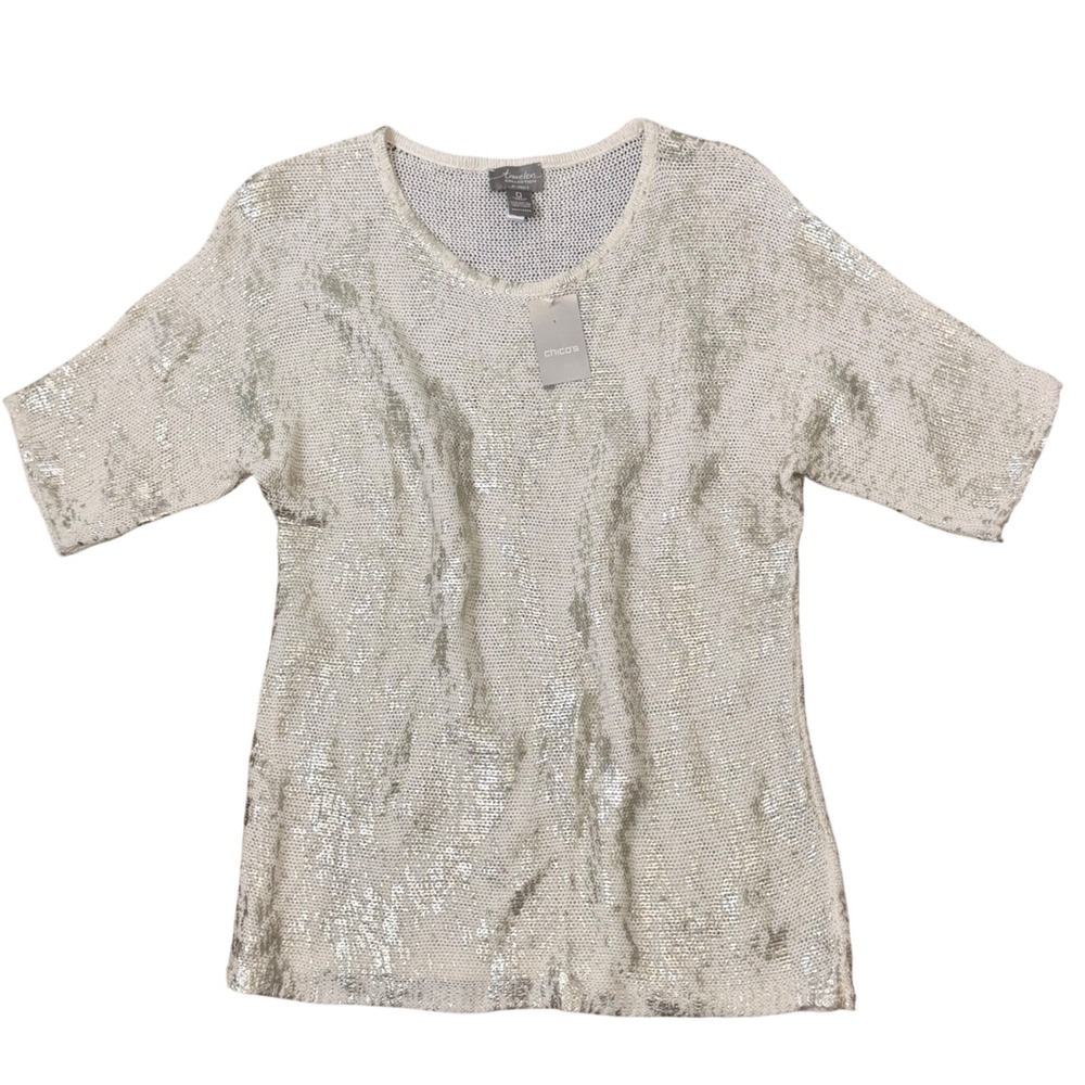 Chicos Travelers Painted Metallic Gold Foil Erica Sweater 0/SM Short Sleeve NWT